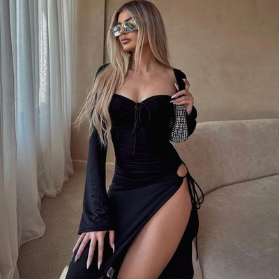 ملابس ذات أكمام طويلة حزمة ثوب الورك مثيرة مثيرة ثوب الخصر الأسود ضيق