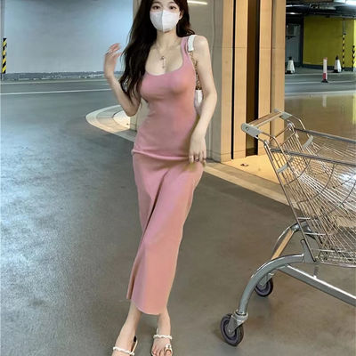 أزياء سيكسيه سليبت فستان حلو حار رقيق مناسبة ورديه تانك توب فستان بلا أكمام